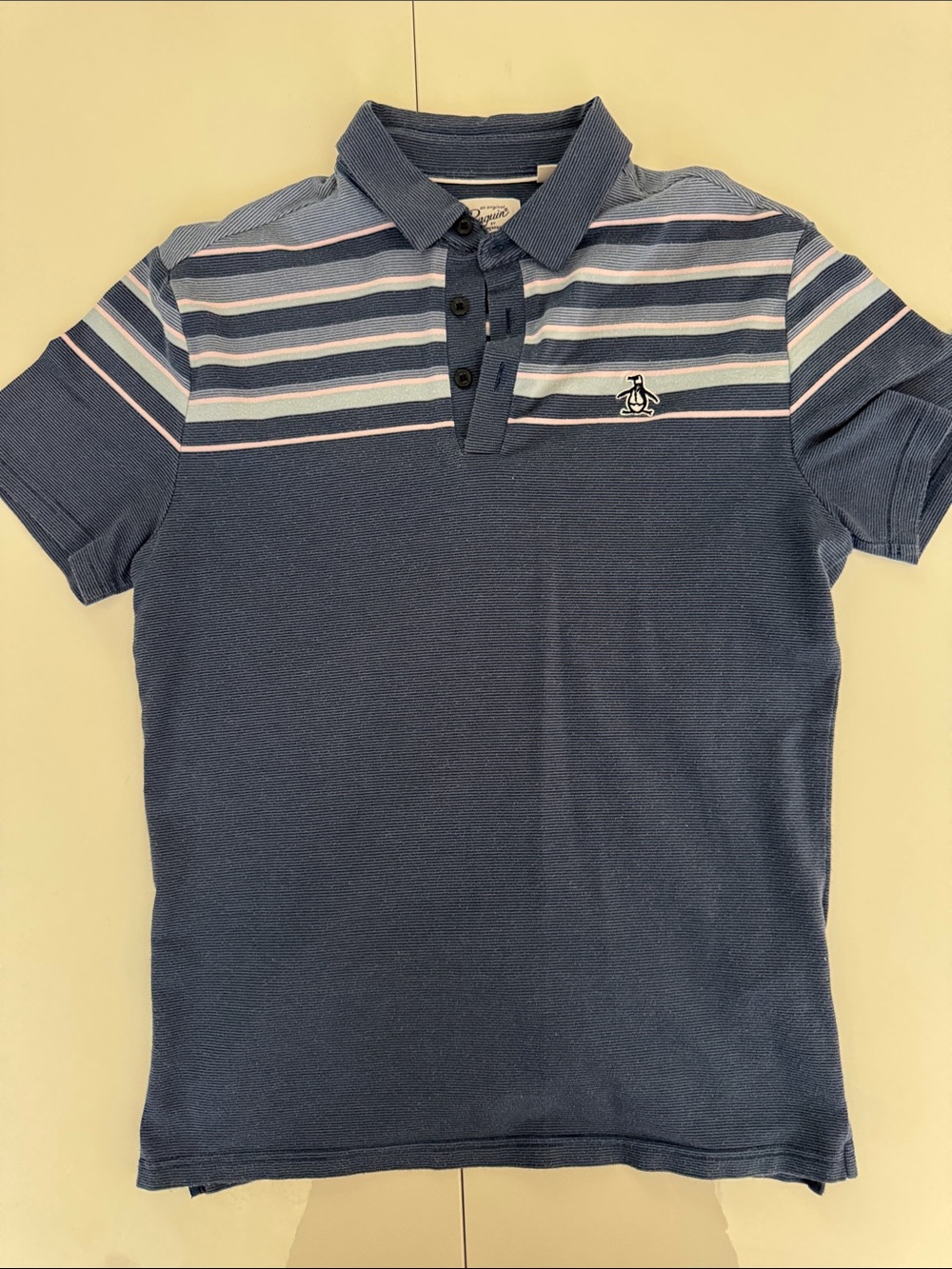 Original Penguin Navy Polo with Light Blue and Pink Stripes